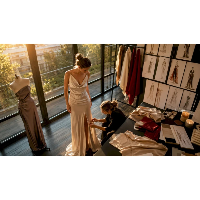 Creatoarea de modă ajustează o rochie făcută pe comandă direct pe clientă, asigurându-se că se potrivește perfect.