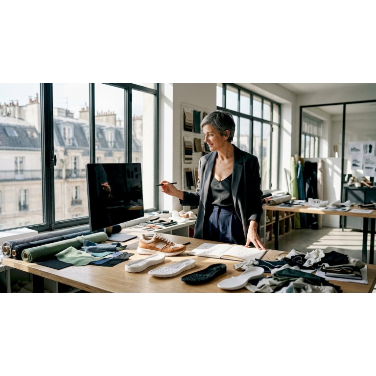 Un designer de încălțăminte analizează un model 3D de pantof la birou, atent la fiecare detaliu pentru a perfecționa produsul final.