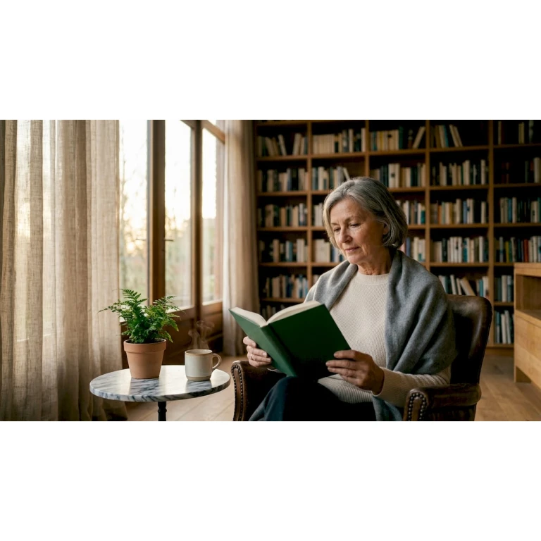 Een vrouw verdiept zich in een boek in een smaakvol, rustig ingericht interieur.