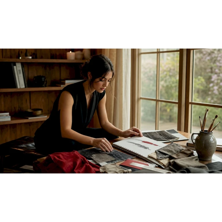 Dans son atelier, une styliste imagine et prépare une tenue unique pour un événement mode.