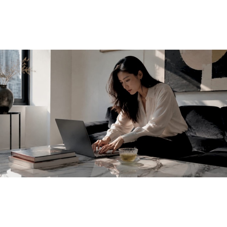 年轻女生宅在家里，轻松在网上选购奢侈品牌时尚单品。