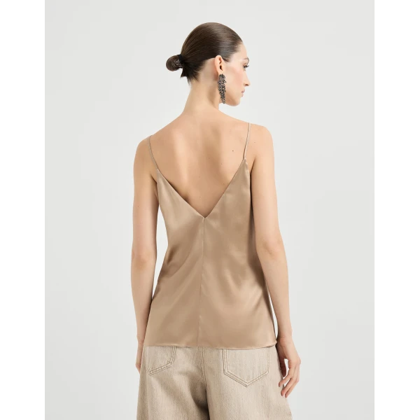 Brunello Cucinelli Stretch silk satin camisole in Beige, view 3