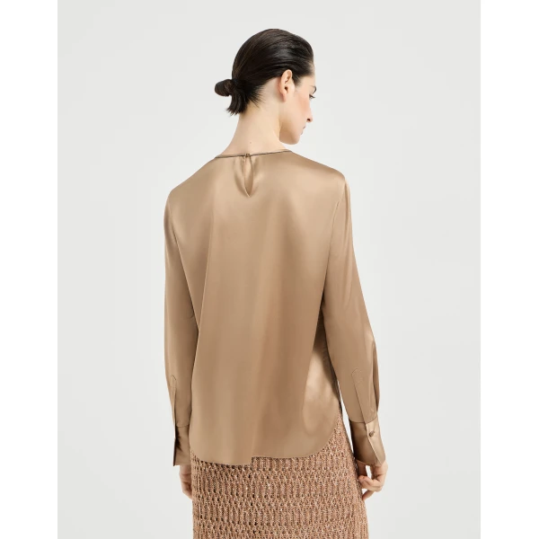 Brunello Cucinelli Satin T-shirt in Chocolate Top, view 3