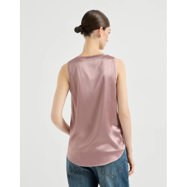 Brunello Cucinelli Stretch silk satin camisole in Antique Pink, view 3