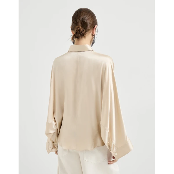 Brunello Cucinelli Stretch silk satin shirt in Sand, view 3