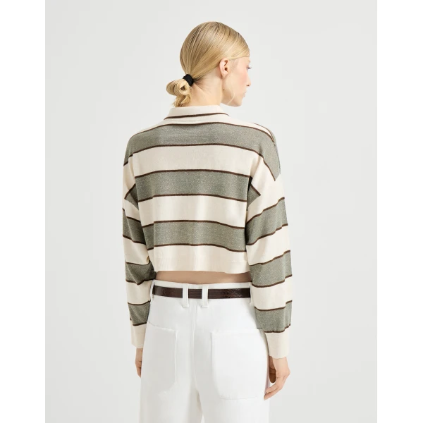 Brunello Cucinelli Cropped knit polo with sparkling stripes, view 3