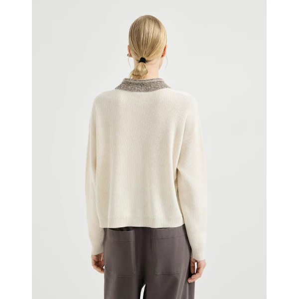 Brunello Cucinelli Polo with dazzling collar in Beige Knit, view 3