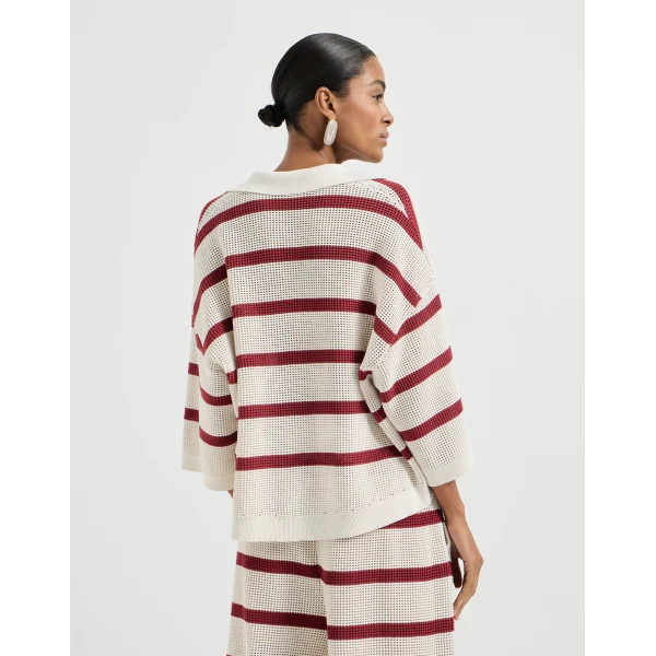 Brunello Cucinelli Cotton striped net knit polo shirt, view 3