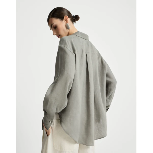 Brunello Cucinelli Linen shirt with monili in Khaki, view 3