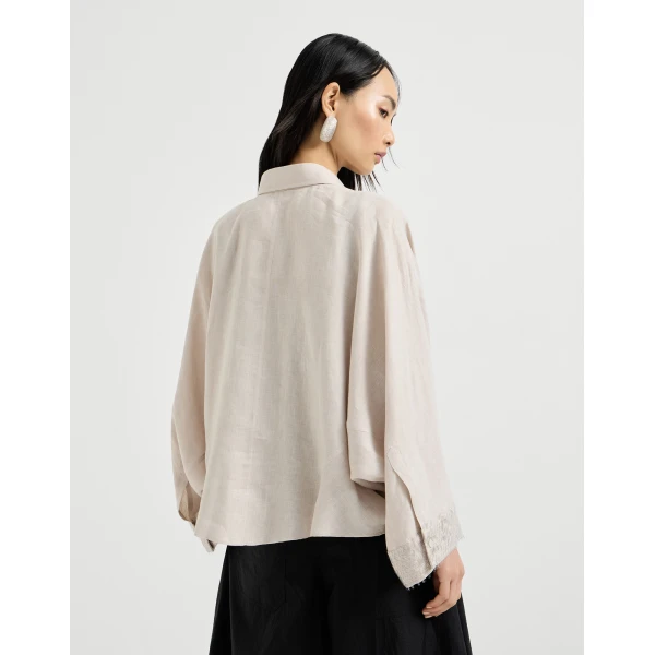 Brunello Cucinelli Dazzling cascade cuffs shirt in Beige Silk, view 3