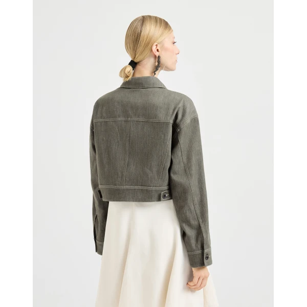 Brunello Cucinelli Denim-effect twill outerwear jacket in Olive, view 3