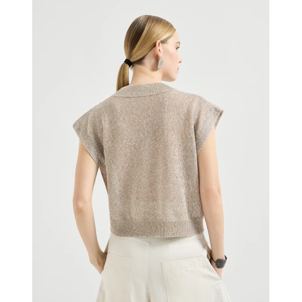 Brunello Cucinelli Linen and cotton Diamond yarn sweater in Light Brown, view 3