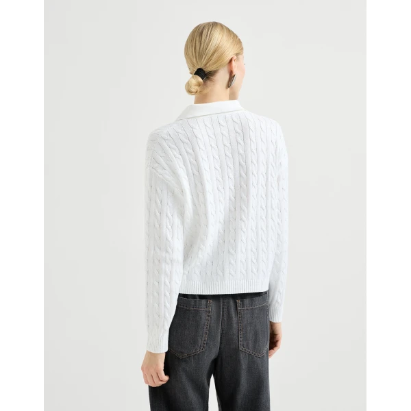 Brunello Cucinelli Dazzling Cables polo in White Knit, view 3