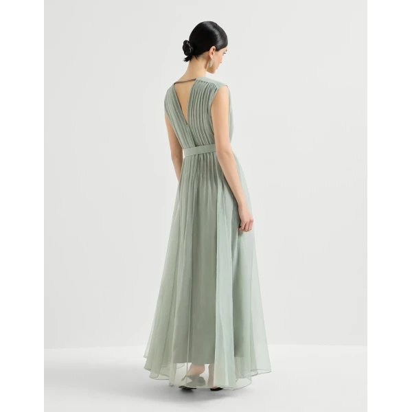 Brunello Cucinelli Crispy silk dress with monili in Mint Green, view 3