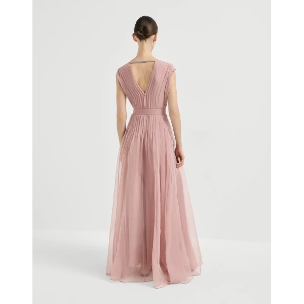 Brunello Cucinelli Crispy silk dress with monili in Pink, view 3