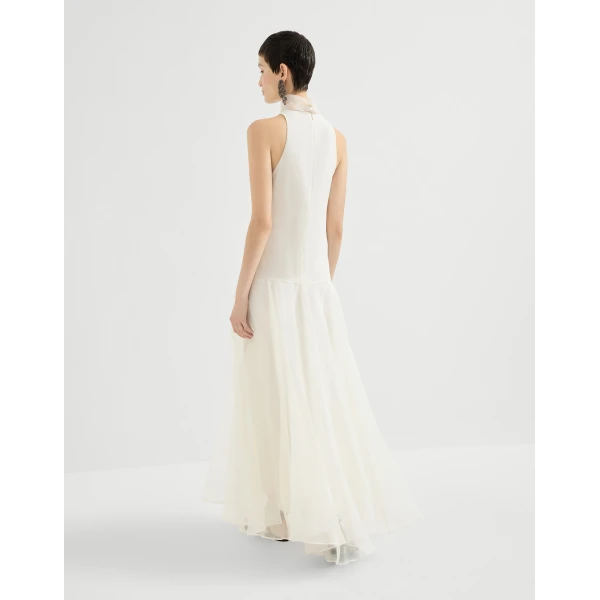 Brunello Cucinelli Crispy silk dress with monili in Butter, view 3