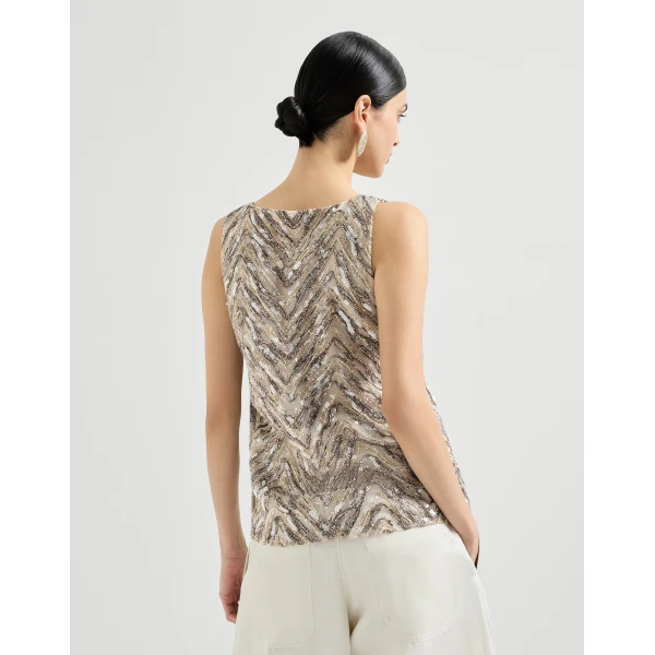 Brunello Cucinelli Dazzling chevron embroidery top in Beige, view 3