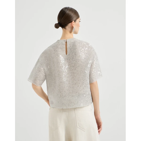 Brunello Cucinelli Dazzling embroidery T-shirt in Silver Top, view 3