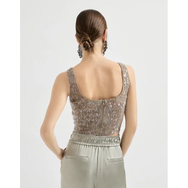 Brunello Cucinelli Cropped top with dazzling embroidery in Rope, view 3