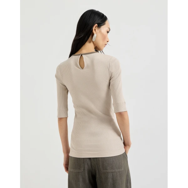 Brunello Cucinelli Ribbed jersey top in Buff, view 3