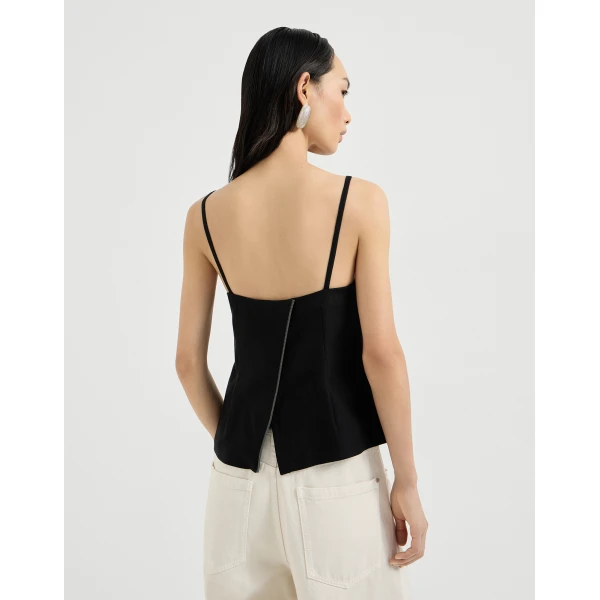 Brunello Cucinelli Fluid twill top with monili in Black, view 3