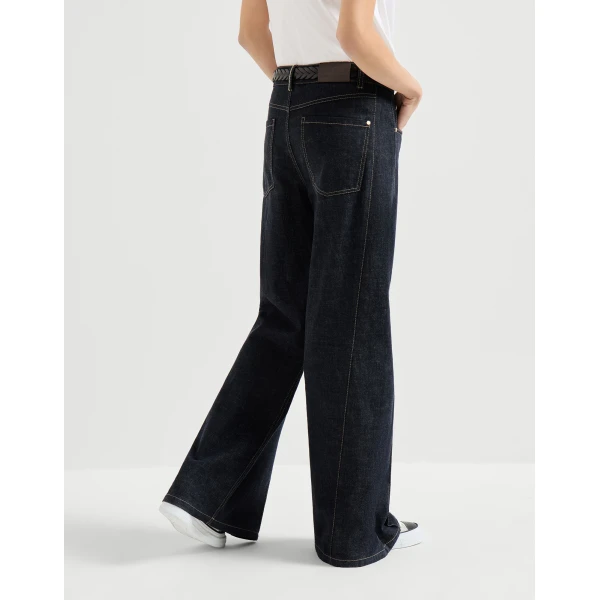 Brunello Cucinelli Loose Flared Trousers in Dark Denim, view 3