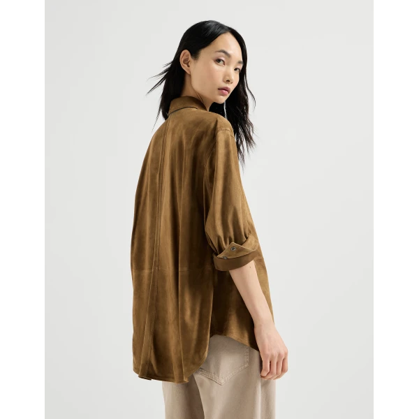 Brunello Cucinelli Suede shirt with monili in Light Brown, view 3