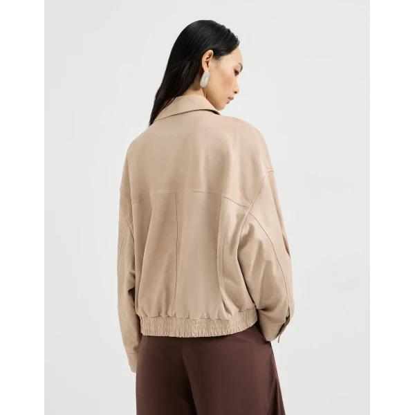Brunello Cucinelli Glossy nappa leather outerwear jacket in Beige, view 3