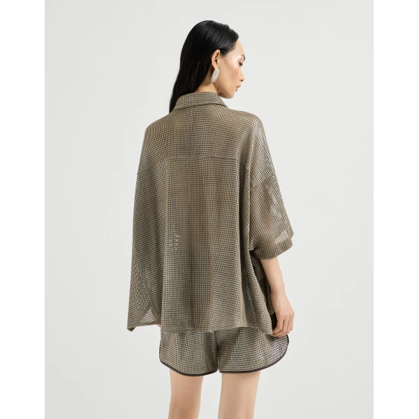 Brunello Cucinelli Sparkling leather net shirt in Khaki, view 3