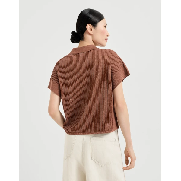 Brunello Cucinelli Ribbed net polo shirt in Firebrick, view 3