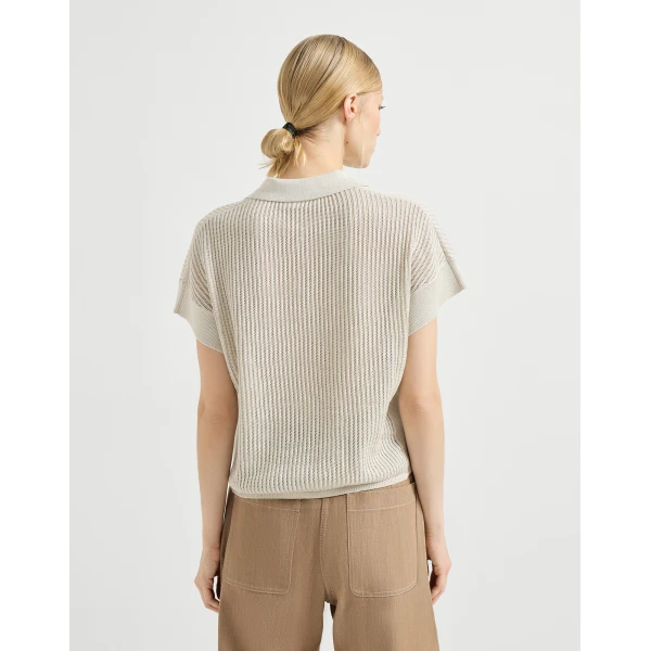 Brunello Cucinelli Ribbed net polo shirt in Oat, view 3