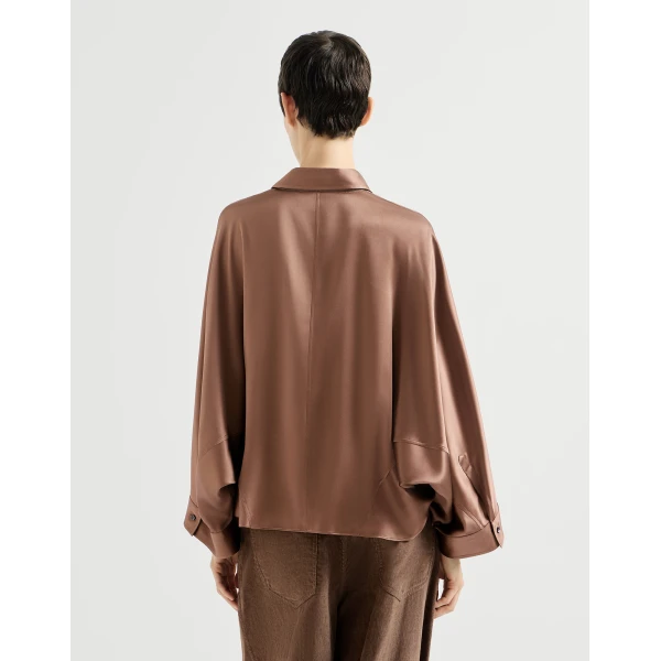 Brunello Cucinelli Stretch silk satin shirt in Dattero, view 3