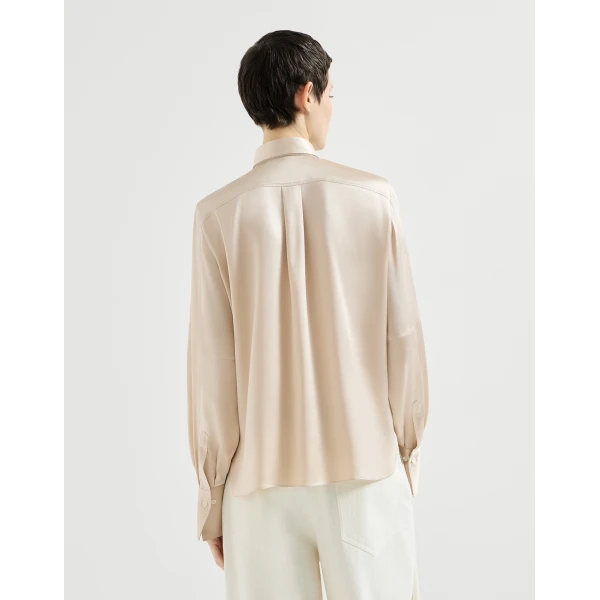 Brunello Cucinelli Stretch silk satin shirt in Sand, view 3