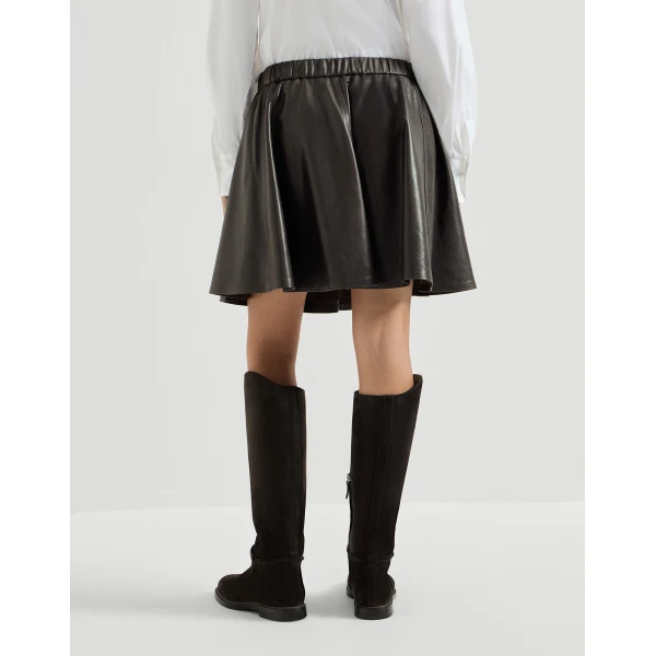 Brunello Cucinelli Nappa leather mini circle skirt in Coffee, view 3