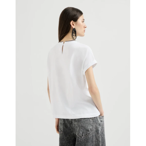 Brunello Cucinelli Jersey T-shirt with monili in White Top, view 3