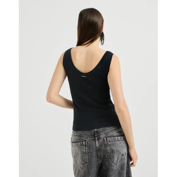 Brunello Cucinelli Ribbed jersey top with monili in Black, view 3