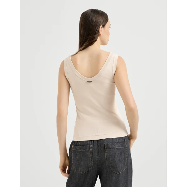 Brunello Cucinelli Ribbed jersey top with monili in Cool Beige, view 3