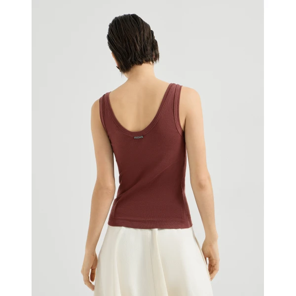 Brunello Cucinelli Ribbed jersey top with monili in Wine, view 3