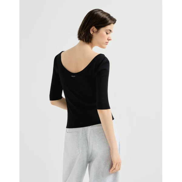 Brunello Cucinelli Ribbed jersey T-shirt in Black Top, view 3