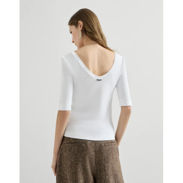 Brunello Cucinelli Ribbed jersey T-shirt in White Top, view 3