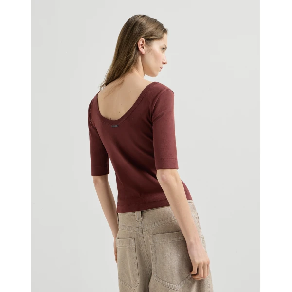 Brunello Cucinelli Ribbed jersey T-shirt in Wine Top, view 3