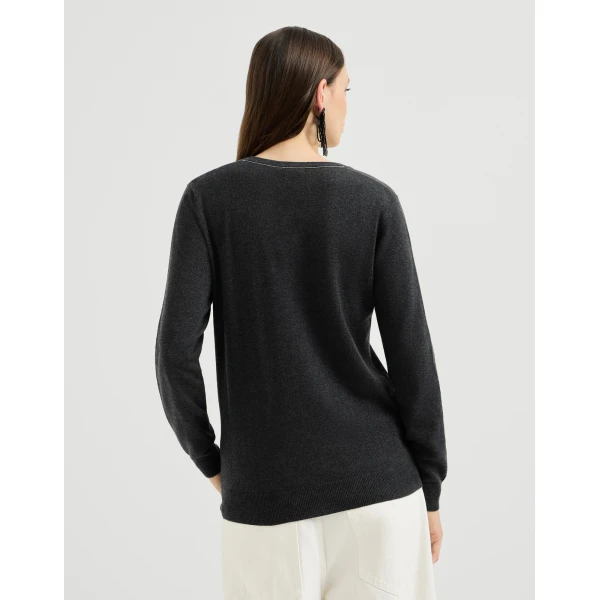 Brunello Cucinelli Cashmere sweater with monili in Lignite Grey, view 3