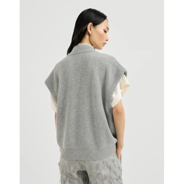 Brunello Cucinelli Cashmere rib wrap cardigan in Grey, view 3