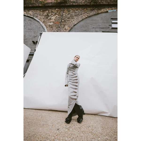 Awake Mode Asymmetric Skirt With Jacket Collar At Hem Light Grey Melange, view 2