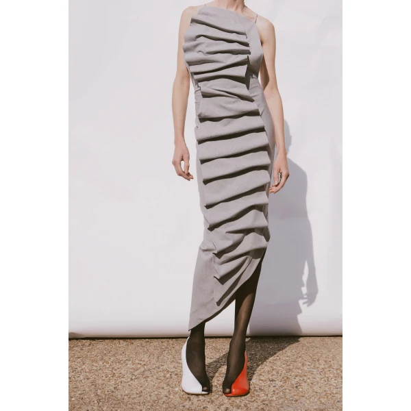 Awake Mode Bib-Front Structured Dress With Open Back Light Grey Melange, view 3