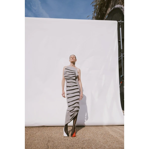 Awake Mode Bib-Front Structured Dress With Open Back Light Grey Melange, view 4
