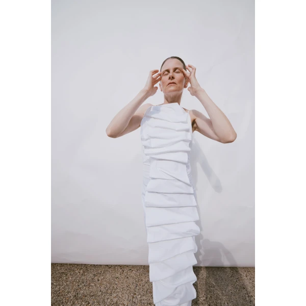 Awake Mode Bib-Front Structured Dress With Open Back White, view 2