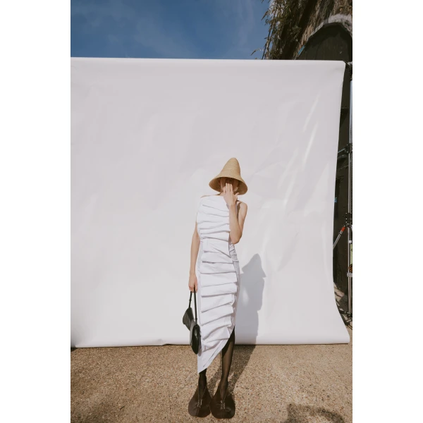 Awake Mode Bib-Front Structured Dress With Open Back White, view 3