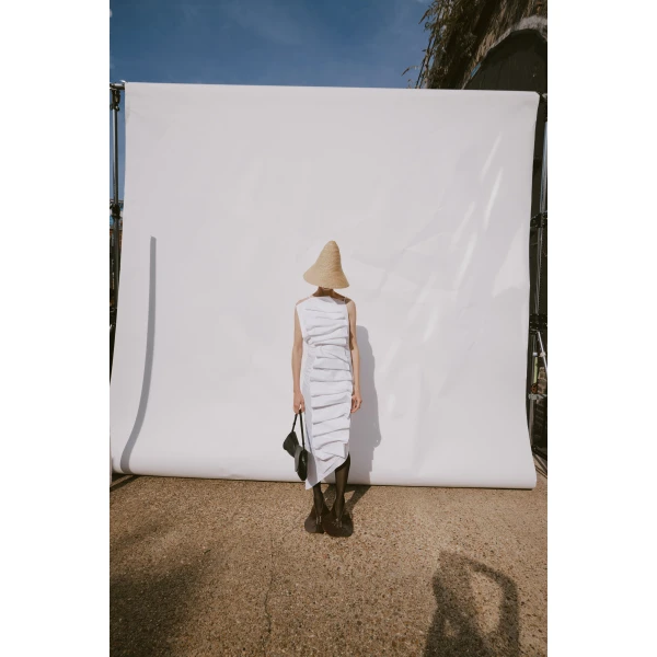 Awake Mode Bib-Front Structured Dress With Open Back White, view 4