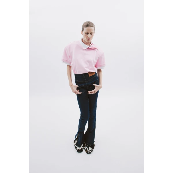 Awake Mode Fitted Stretch Flared Jeans With Side Slits Indigo Rinse Wash, view 2